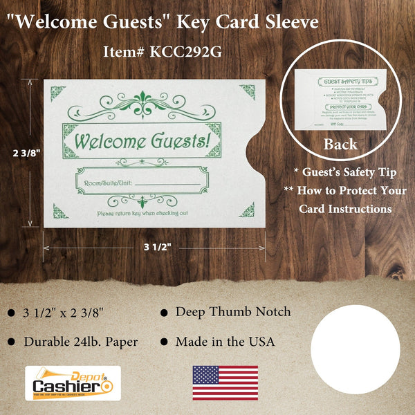 Hotel/ Motel "Welcome Guest" Key Card Sleeve, 2 3/8" X 3 1/2", Printed in Green, Sturdy 24lb. Paper (KCC292G) - Cashier Depot