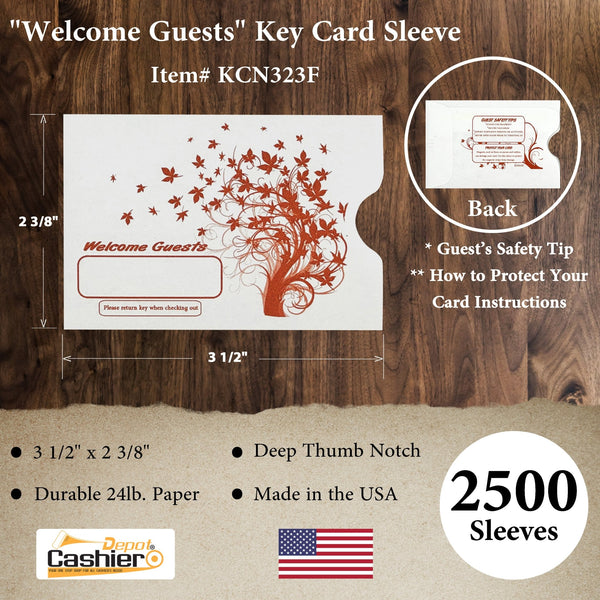 Hotel/ Motel "Welcome Guest" Key Card Sleeve, 2 3/8" X 3 1/2", Printed in Orange, Premium 24lb. Paper, 500/Box (KCN323F) - Cashier Depot