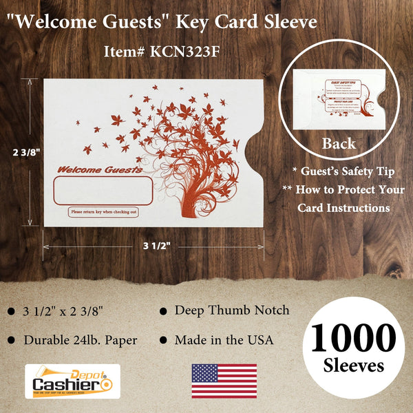 Hotel/ Motel "Welcome Guest" Key Card Sleeve, 2 3/8" X 3 1/2", Printed in Orange, Premium 24lb. Paper, 500/Box (KCN323F) - Cashier Depot