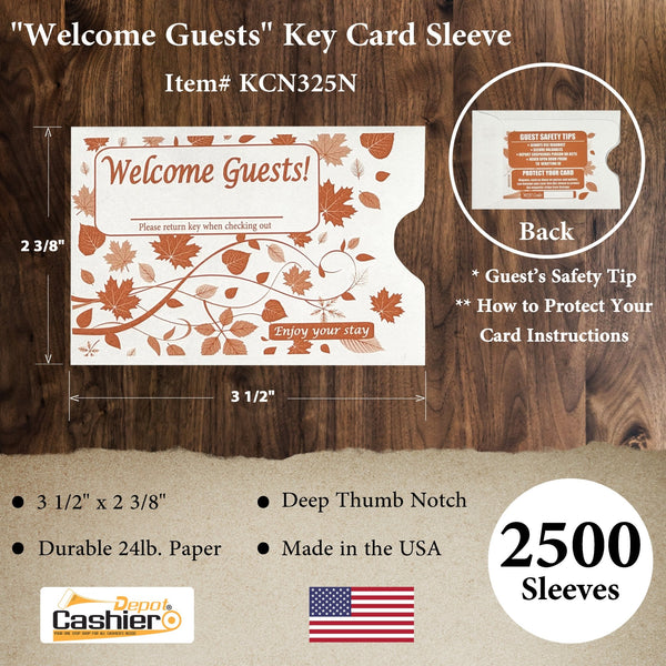 Hotel/ Motel "Welcome Guest" Key Card Sleeve, 2 3/8" X 3 1/2", Printed in Orange, Premium 24lb. Paper, 500/Box (KCN325N) - Cashier Depot