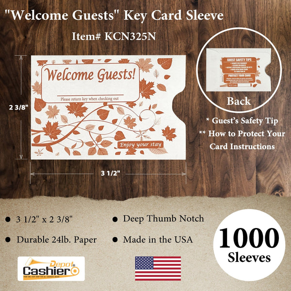 Hotel/ Motel "Welcome Guest" Key Card Sleeve, 2 3/8" X 3 1/2", Printed in Orange, Premium 24lb. Paper, 500/Box (KCN325N) - Cashier Depot