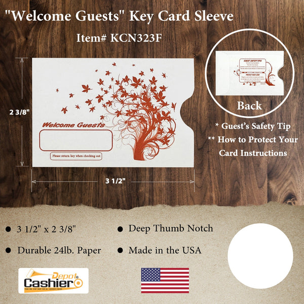 Hotel/ Motel "Welcome Guest" Key Card Sleeve, 2 3/8" X 3 1/2", Printed in Orange, Sturdy 24lb. Paper (KCN323F) - Cashier Depot