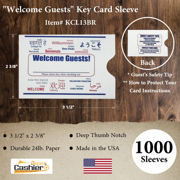 Hotel/ Motel "Welcome Guest" Key Card Sleeve, 2 3/8" X 3 1/2", Printed in Red/Blue, Premium 24lb. Paper, 500/Box (KCL13BR) - Cashier Depot