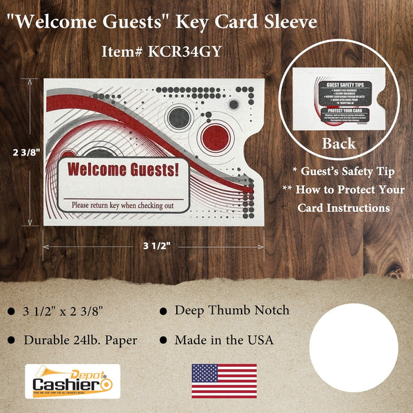Hotel/ Motel "Welcome Guest" Key Card Sleeve, 2 3/8" X 3 1/2", Printed in Red/Gray, Sturdy 24lb. Paper (KCR34GY) - Cashier Depot