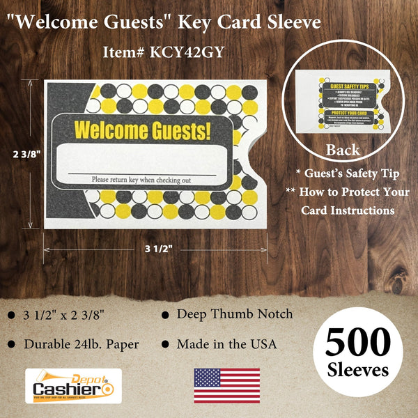 Hotel/ Motel "Welcome Guest" Keycard Sleeve, 2 3/8" X 3 1/2", Printed in Gray/Yellow, Premium 24lb. Paper, 500/Box (KCY42GY) - Cashier Depot