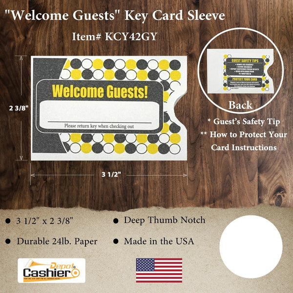 Hotel/ Motel "Welcome Guest" Keycard Sleeve, 2 3/8" X 3 1/2", Printed in Gray/Yellow, Sturdy 24lb. Paper (KCY42GY) - Cashier Depot