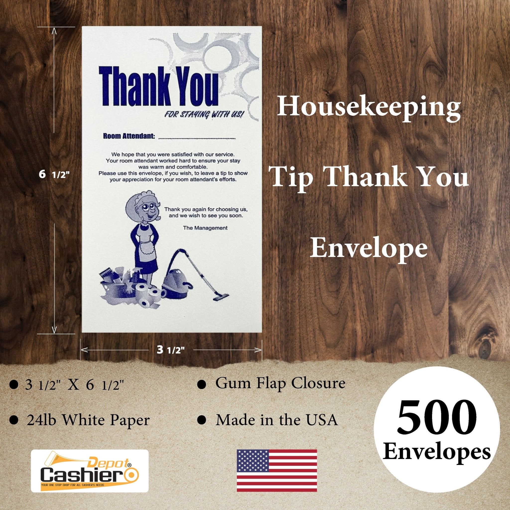 Housekeeping Tip Thank You Envelope, 3 1/2" X 6 1/2", Sturdy 24lb. White Paper, Gum Flap - Cashier Depot