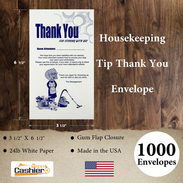 Housekeeping Tip Thank You Envelope, 3 1/2" X 6 1/2", Sturdy 24lb. White Paper, Gum Flap - Cashier Depot