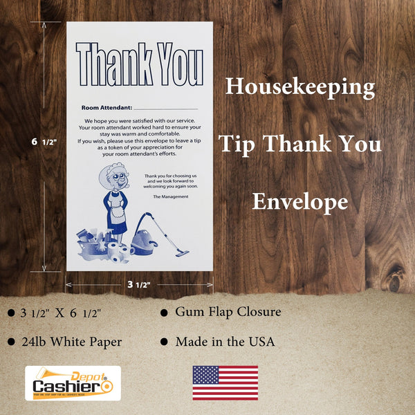 Housekeeping Tip Thank You Envelopes – 3-1/2" x 6-1/2", Sturdy 24 lb. White Paper, Gum Flap – Perfect for Hotels, Motels, and Guest Services (HK7W) - Cashier Depot
