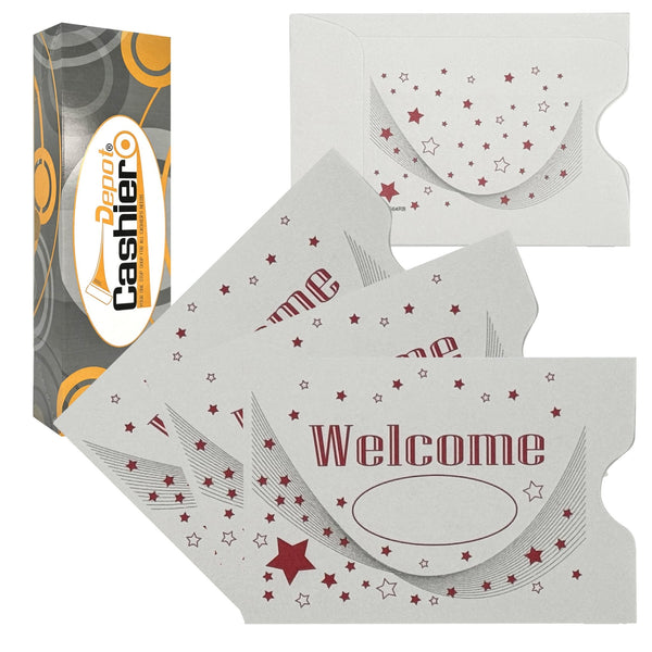 " Welcome" Key Card, Membership & Access Card Sleeve/Holder/Protector, Printed in Red & Black, 2 3/8" x 3 1/2", Premium 24lb. Paper, 500/Box (KCG64RB) - Cashier Depot