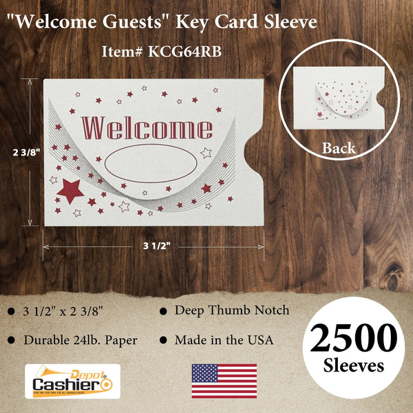 " Welcome" Key Card, Membership & Access Card Sleeve/Holder/Protector, Printed in Red & Black, 2 3/8" x 3 1/2", Premium 24lb. Paper, 500/Box (KCG64RB) - Cashier Depot