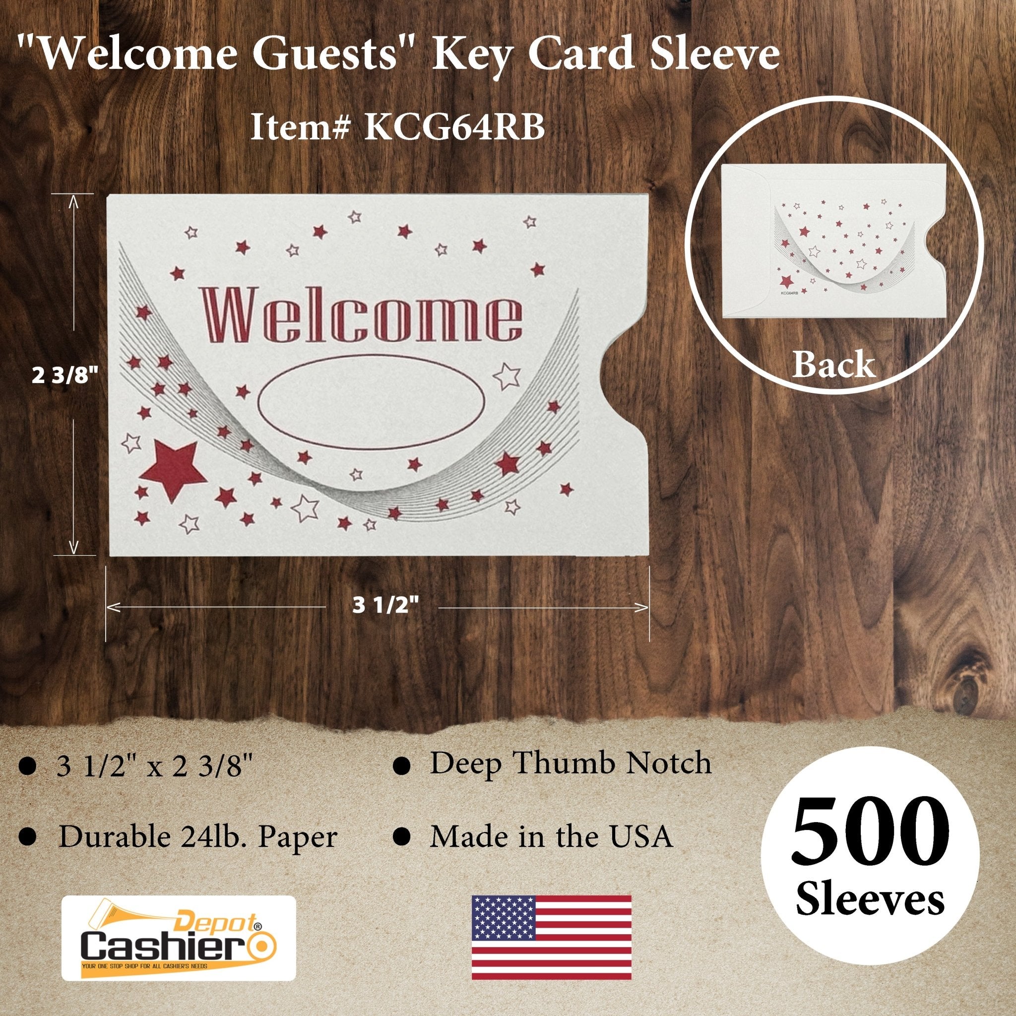 " Welcome" Key Card, Membership & Access Card Sleeve/Holder/Protector, Printed in Red & Black, 2 3/8" x 3 1/2", Premium 24lb. Paper, 500/Box (KCG64RB) - Cashier Depot