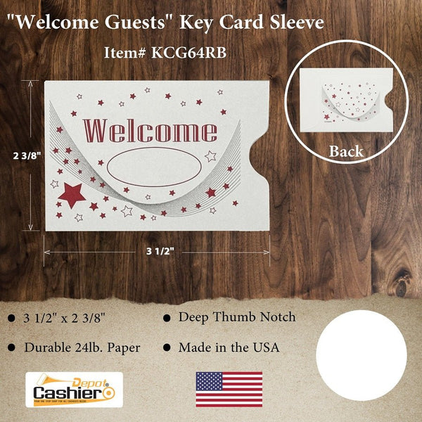 “Welcome” Key Card Sleeves – Red & Black Print – 2-3/8" x 3-1/2" Membership, Access & Hotel Card Holders – Sturdy 24 lb. Paper (KCG64RB) - Cashier Depot