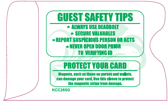 Hotel/ Motel "Welcome Guest" Keycard Sleeve, 2 3/8" X 3 1/2", Printed in Green, Premium 24lb. Paper, 500/Box (KCC285G)