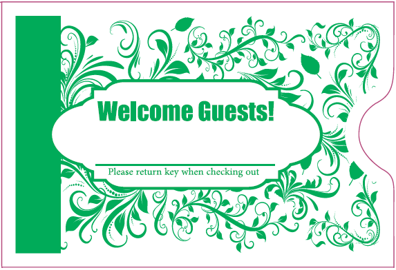 Hotel/ Motel "Welcome Guest" Keycard Sleeve, 2 3/8" X 3 1/2", Printed in Green, Premium 24lb. Paper, 500/Box (KCC285G)