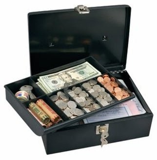 Cash Box with 7-Compartment Tray, Steel, 11 x 7 3/4 x 5, Black - Cashier Depot