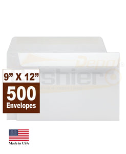 Cashier Depot 9" x 12" Booklet Envelopes, Premium 28lb. White, Gum Flap, 500/Box - Cashier Depot