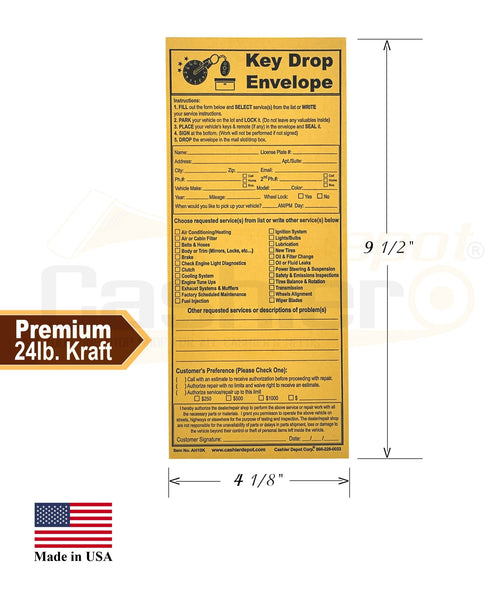 After Hours/Night Key Drop Envelope, 4 1/8" x 9 1/2", Open End, Peel & Seal, Sturdy 24lb. Brown Kraft, 100/Box