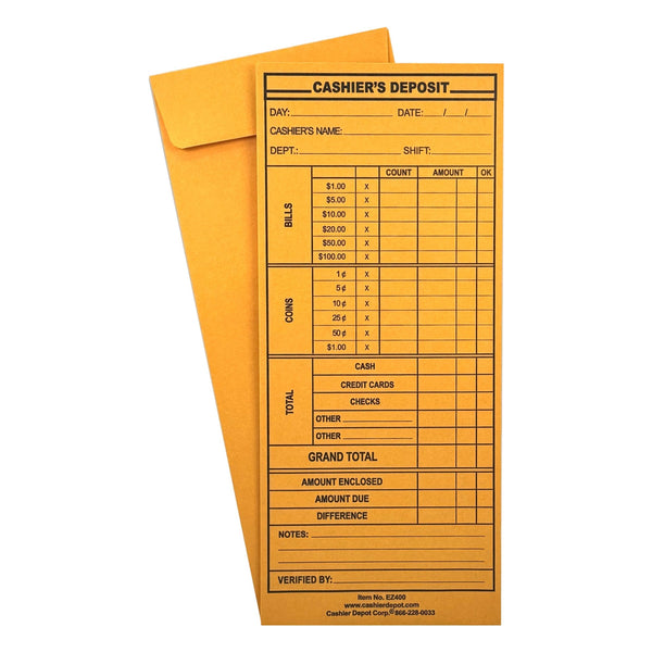 Cashier Depot EZ400 Cashier's Deposit Report Envelope, 4 1/8" x 9 1/2", Sturdy 24lb. Brown Kraft Paper, Gum Flap