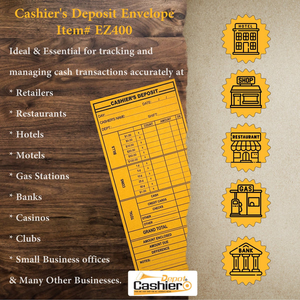 Cashier Depot EZ400 Cashier's Deposit Report Envelope, 4 1/8" x 9 1/2", Sturdy 24lb. Brown Kraft Paper, Gum Flap