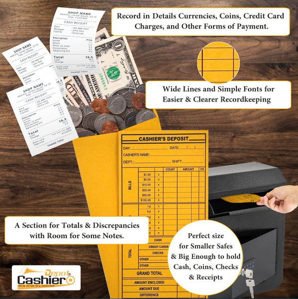 Cashier Depot EZ400 Cashier's Deposit Report Envelope, 4 1/8" x 9 1/2", Sturdy 24lb. Brown Kraft Paper, Gum Flap