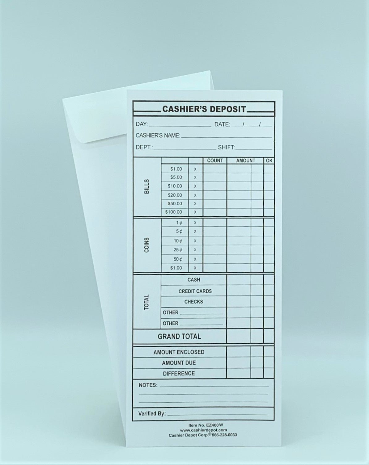 Cashier Depot EZ400WS Cashier's Deposit Report Envelope, 4 1/8" x 9 1/2", Sturdy 24lb. White, Peel & Seal Flap, 500/Box
