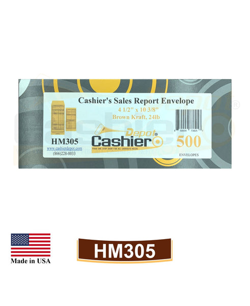 Cashier Depot HM305 Cashier's Sales Report Envelope, 4 1/2" x 10 3/8", Premium 24lb. Kraft, Gum Flap, 500/Box - Cashier Depot