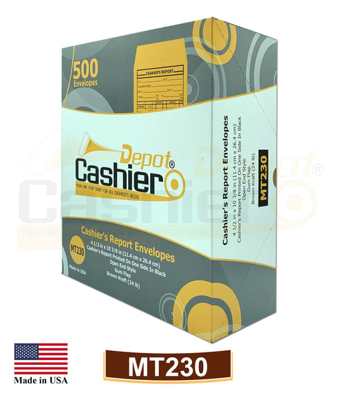 Cashier Depot MT230 Cashier's Report Envelope, 4 1/2" x 10 3/8", Premium 24lb. Kraft, Gum Flap, 500/Box - Cashier Depot