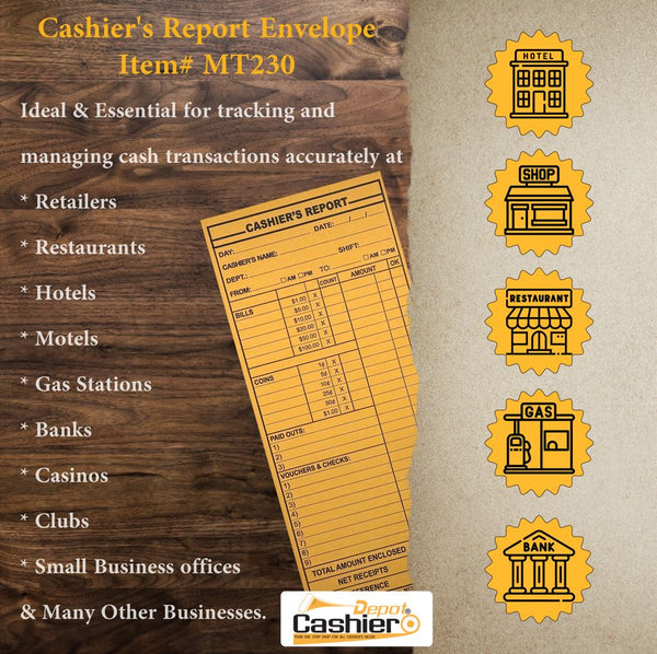 Cashier Depot MT230 Cashier's Report Envelope, 4 1/2" x 10 3/8", Premium 24lb. Kraft, Gum Flap, 500/Box - Cashier Depot