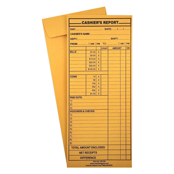 Cashier Depot MT230 Cashier's Report Envelope, 4 1/2" x 10 3/8", Premium 24lb. Kraft, Gum Flap, 500/Box - Cashier Depot