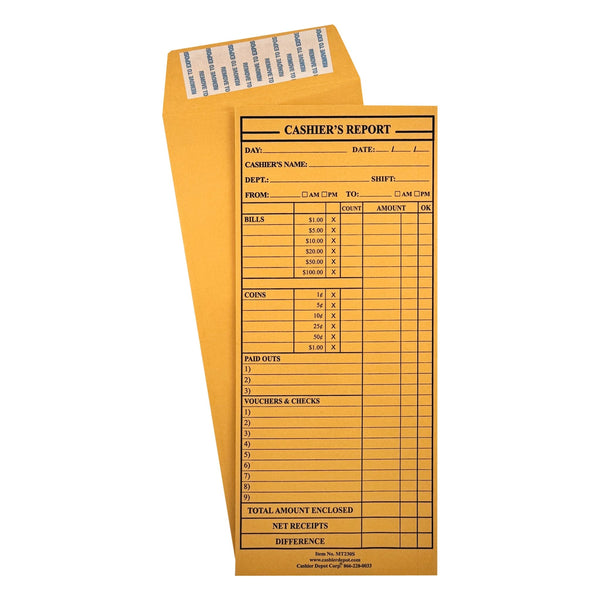 Cashier Depot MT230S Cashier's Report Envelope, 4 1/2" x 10 3/8", Premium 24lb. Kraft, Peel & Seal Flap, 500/Box