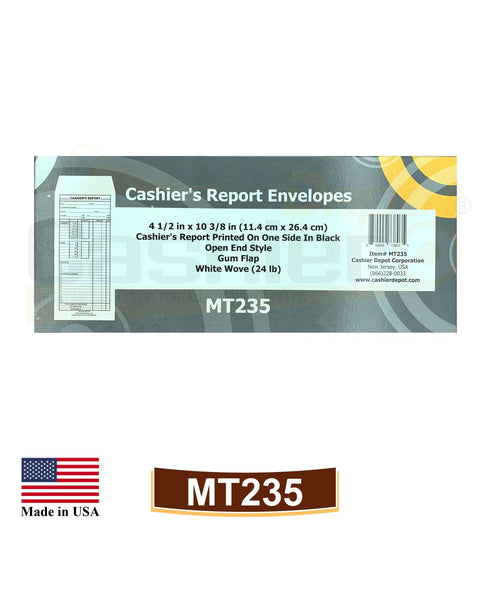 Cashier Depot MT235 Cashier's Report Envelope, 4 1/2" x 10 3/8", Premium 24lb. White, Gum Flap, 500/Box - Cashier Depot