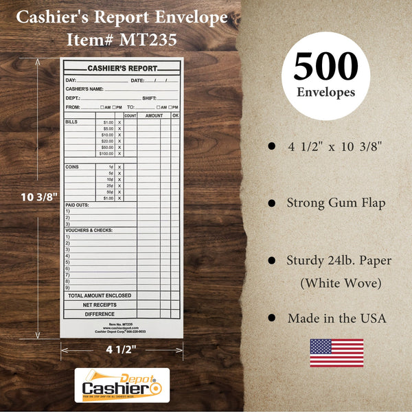 Cashier Depot MT235 Cashier's Report Envelope, 4 1/2" x 10 3/8", Premium 24lb. White, Gum Flap, 500/Box - Cashier Depot