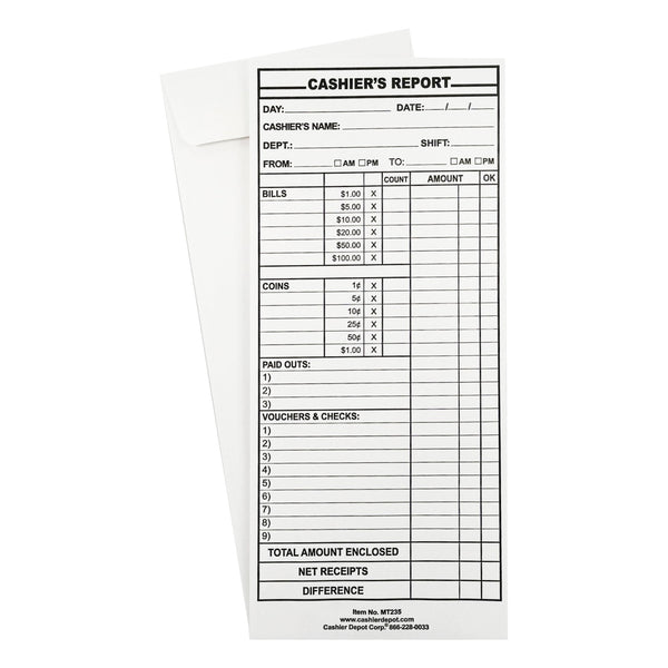 Cashier Depot MT235 Cashier's Report Envelope, 4 1/2" x 10 3/8", Premium 24lb. White, Gum Flap, 500/Box - Cashier Depot