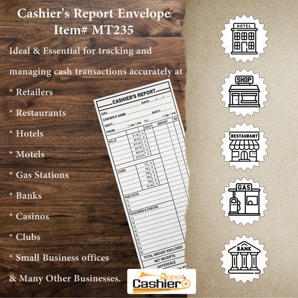 Cashier Depot MT235 Cashier's Report Envelope, 4 1/2" x 10 3/8", Premium 24lb. White, Gum Flap, 500/Box - Cashier Depot