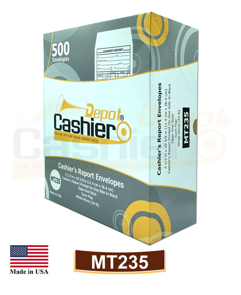 Cashier Depot MT235 Cashier's Report Envelope, 4 1/2" x 10 3/8", Premium 24lb. White, Gum Flap, 500/Box - Cashier Depot