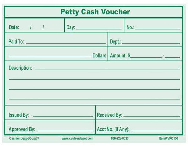 Cashier Depot Petty Cash Vouchers 5 1/2 x 4 1/4, Light Green, 24lb, 500/Box - Cashier Depot