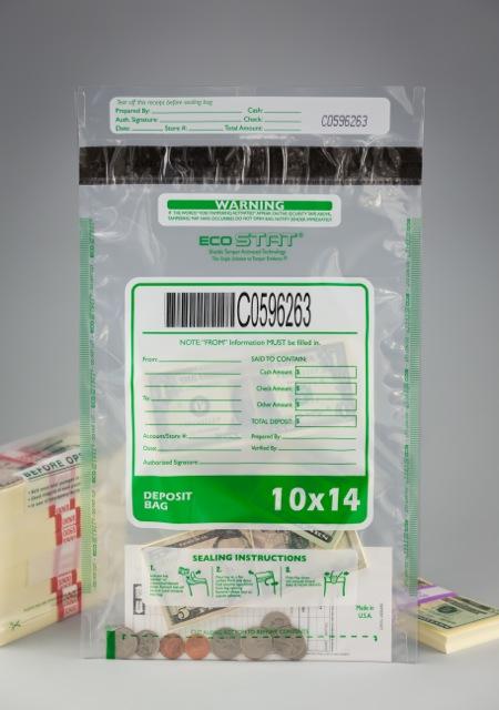 Tamper Evident Deposit Bags, 10" x 14" Clear, Serialized Numbering, Barcode, Press & Seal Void Closure Tape (100 Bags)