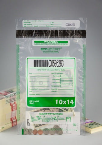 Tamper Evident Deposit Bags, 10" x 14" Clear, Serialized Numbering, Barcode, Press & Seal Void Closure Tape (500 Bags)