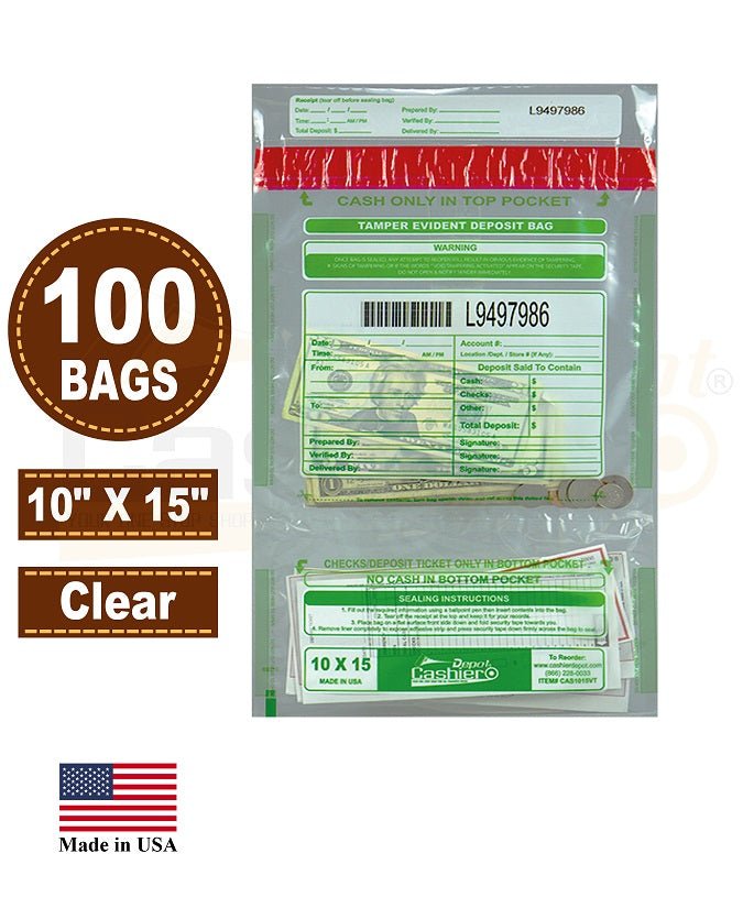 Tamper Evident Deposit Bag 10" x 15" Clear, Twin Pockets, Serialized Numbering, Barcode, Press& Seal Void Closure Tape 100/PK