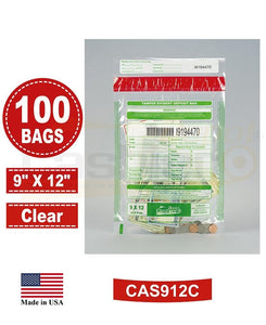 Tamper Evident Deposit Bags, 9" x 12" Clear, Serialized Numbering, Barcode, Press & Seal Void Closure Tape (100 Bags)
