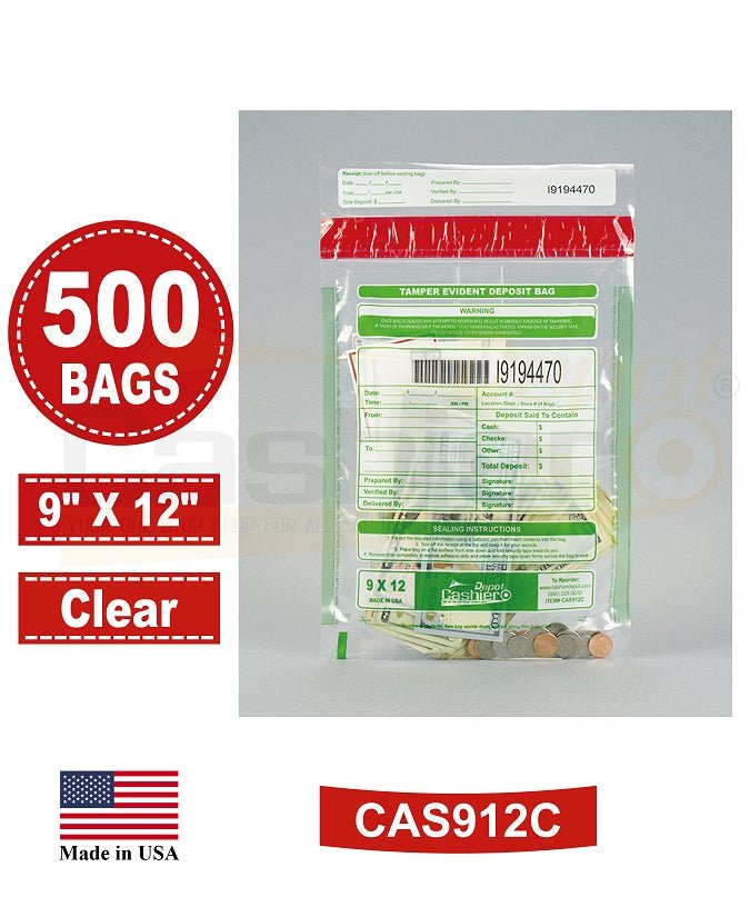 Tamper Evident Deposit Bags, 9" x 12" Clear, Serialized Numbering, Barcode, Press & Seal Void Closure Tape (500 Bags)