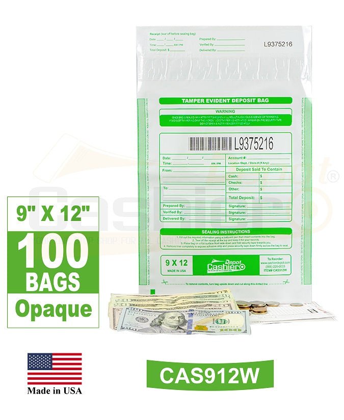 Tamper Evident Deposit Bags, 9" x 12" White, Serialized Numbering, Barcode, Press & Seal Void Closure Tape (100 Bags)