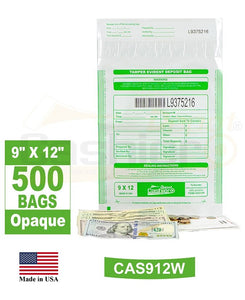 Tamper Evident Deposit Bags, 9" x 12" White, Serialized Numbering, Barcode, Press & Seal Void Closure Tape (500 Bags)