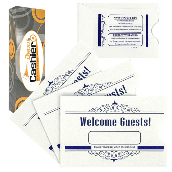 Hotel/ Motel "Welcome Guest" Key Card Sleeve, 2 3/8" X 3 1/2", Printed in Blue, Premium 24lb. Paper, 500/Box (KCE411B) - Cashier Depot