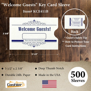 Hotel/ Motel "Welcome Guest" Key Card Sleeve, 2 3/8" X 3 1/2", Printed in Blue, Premium 24lb. Paper, 500/Box (KCE411B) - Cashier Depot