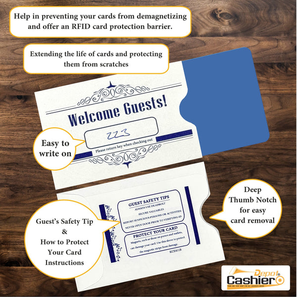 Hotel/ Motel "Welcome Guest" Key Card Sleeve, 2 3/8" X 3 1/2", Printed in Blue, Premium 24lb. Paper, 500/Box (KCE411B) - Cashier Depot