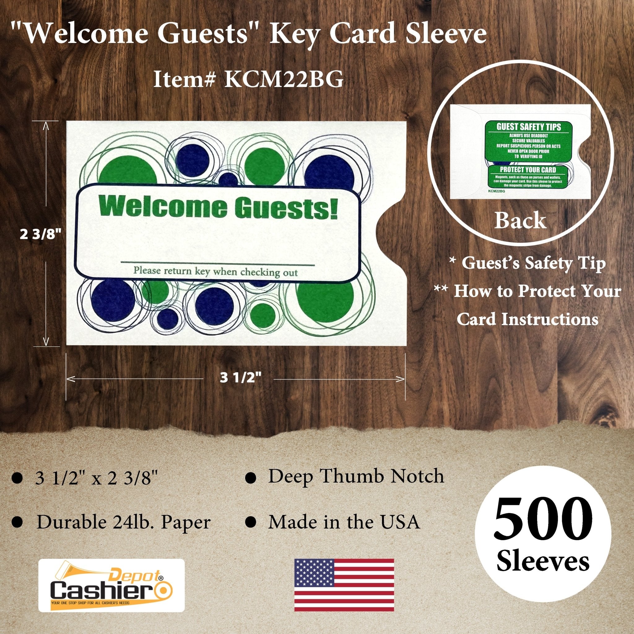 Hotel/ Motel "Welcome Guest" Key Card Sleeve, 2 3/8" X 3 1/2", Printed in Blue/Green, Premium 24lb. Paper, 500/Box (KCM22BG) - Cashier Depot