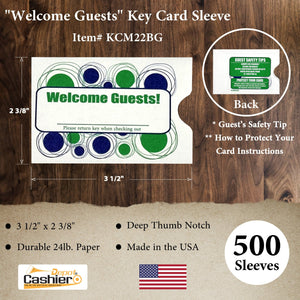 Hotel/ Motel "Welcome Guest" Key Card Sleeve, 2 3/8" X 3 1/2", Printed in Blue/Green, Premium 24lb. Paper, 500/Box (KCM22BG) - Cashier Depot