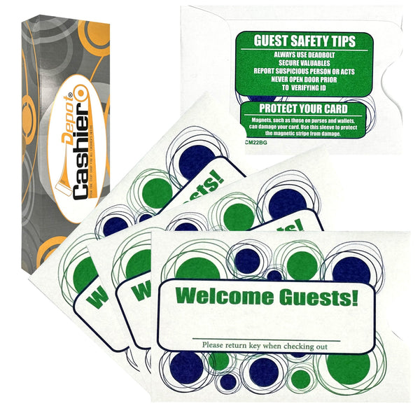 Hotel/ Motel "Welcome Guest" Key Card Sleeve, 2 3/8" X 3 1/2", Printed in Blue/Green, Premium 24lb. Paper, 500/Box (KCM22BG) - Cashier Depot